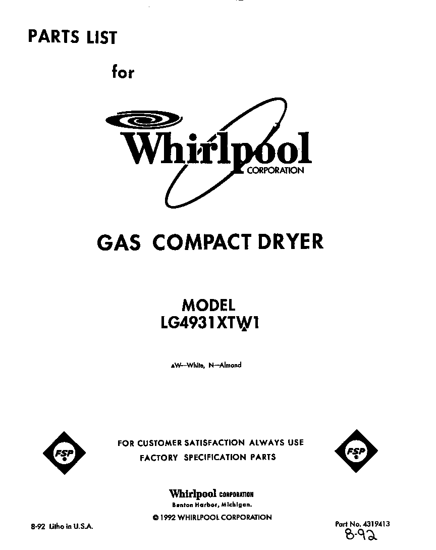 Whirlpool LG4931XTW1 front cover diagram