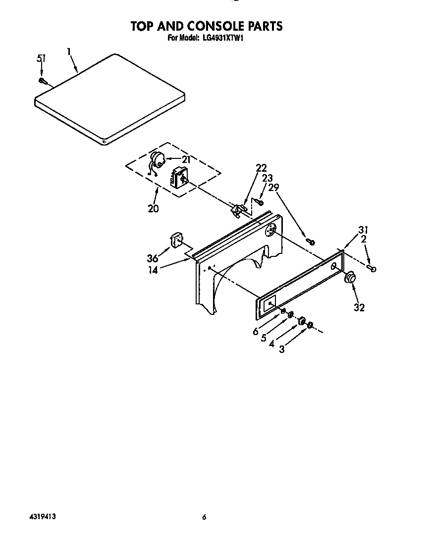 Whirlpool LG4931XTW1 top and console diagram