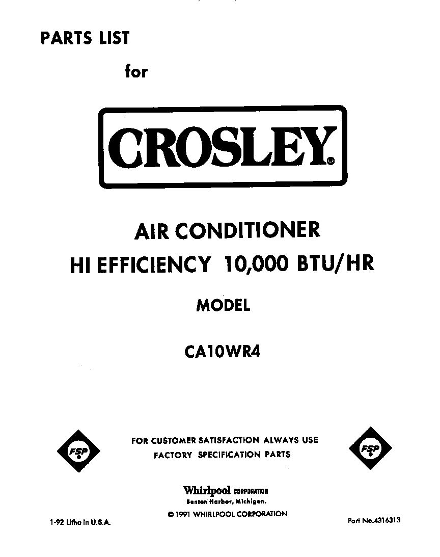 Crosley CA10WR4 front cover diagram