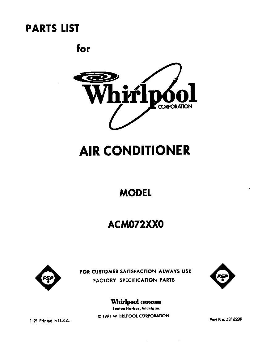 Whirlpool ACM072XX0 front cover diagram