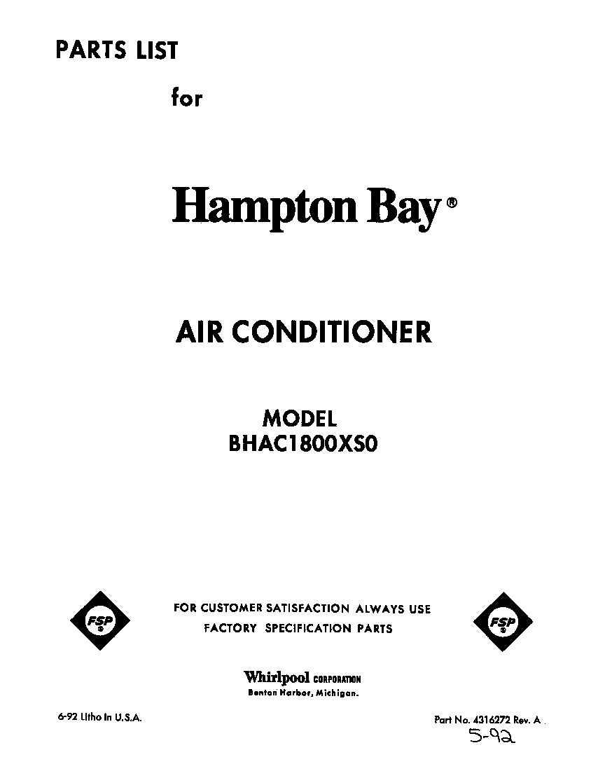 Whirlpool BHAC1800XS0 front cover diagram