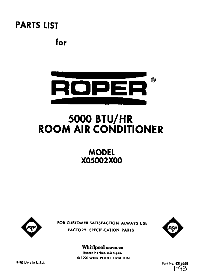 Roper X05002X00 front cover diagram