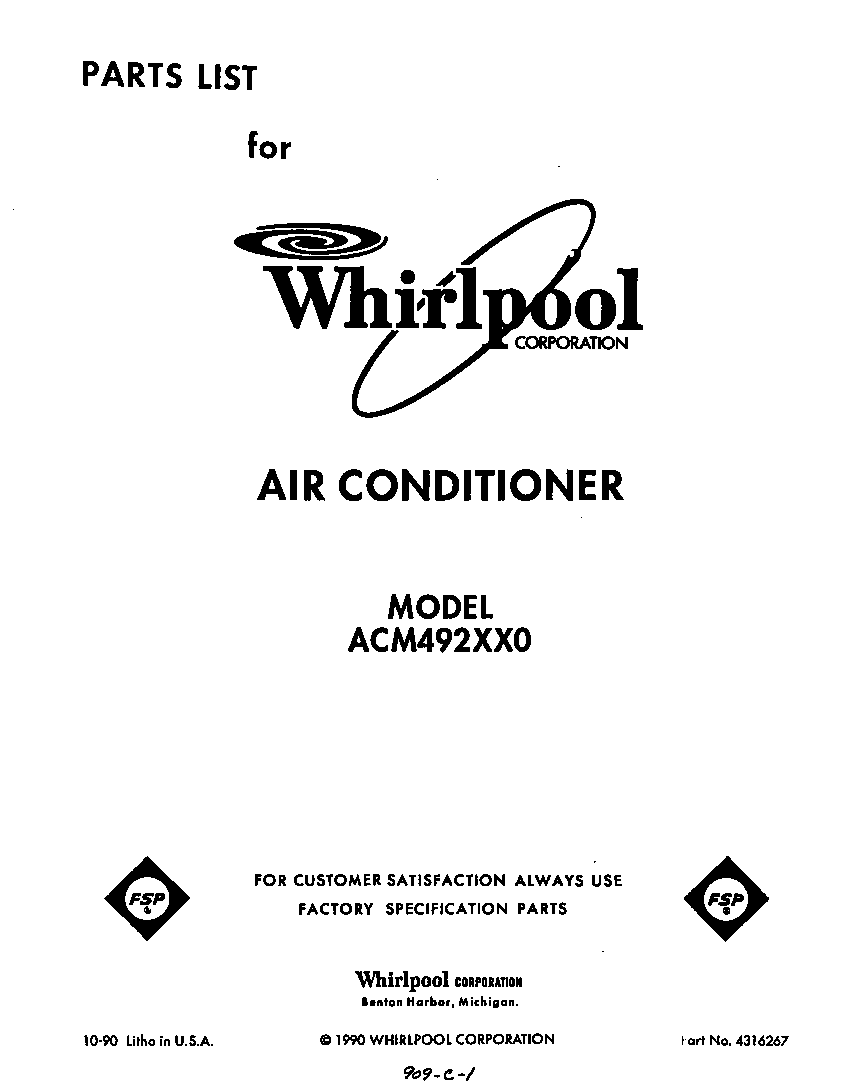 Whirlpool ACM492XX0 front cover diagram