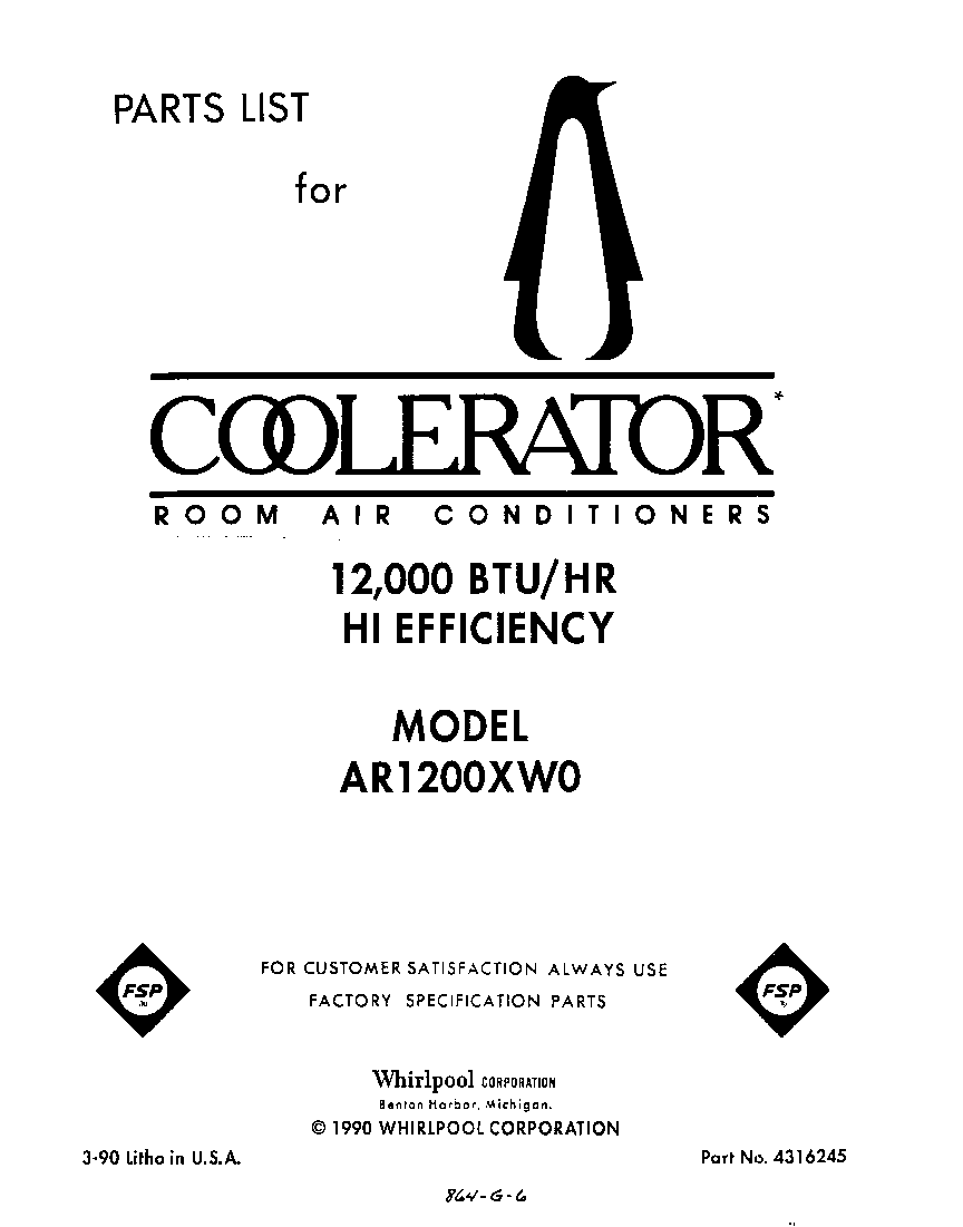 Whirlpool AR1200XW0 front cover diagram