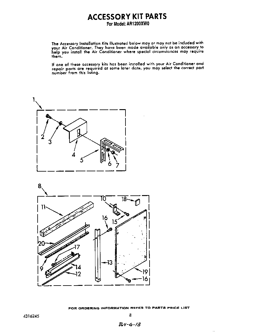 Whirlpool AR1200XW0 accessory kit diagram