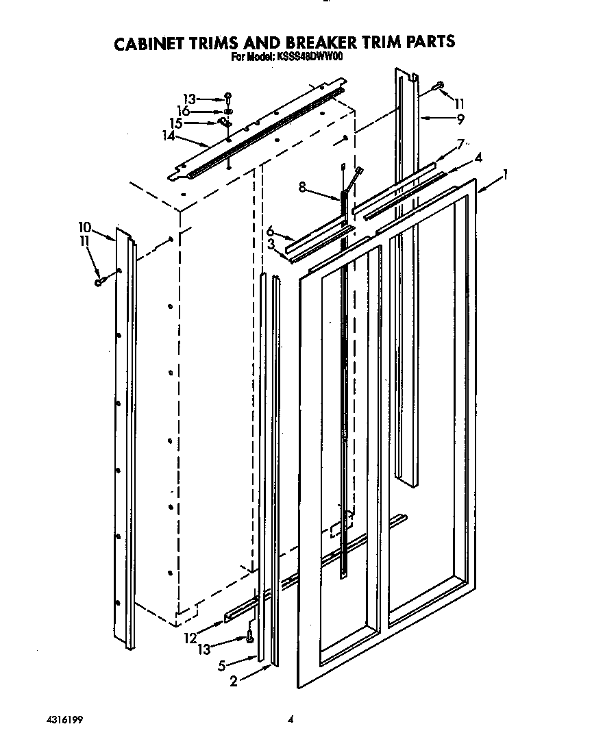 KitchenAid KSSS48DWW00 cabinet trims and breaker trim diagram