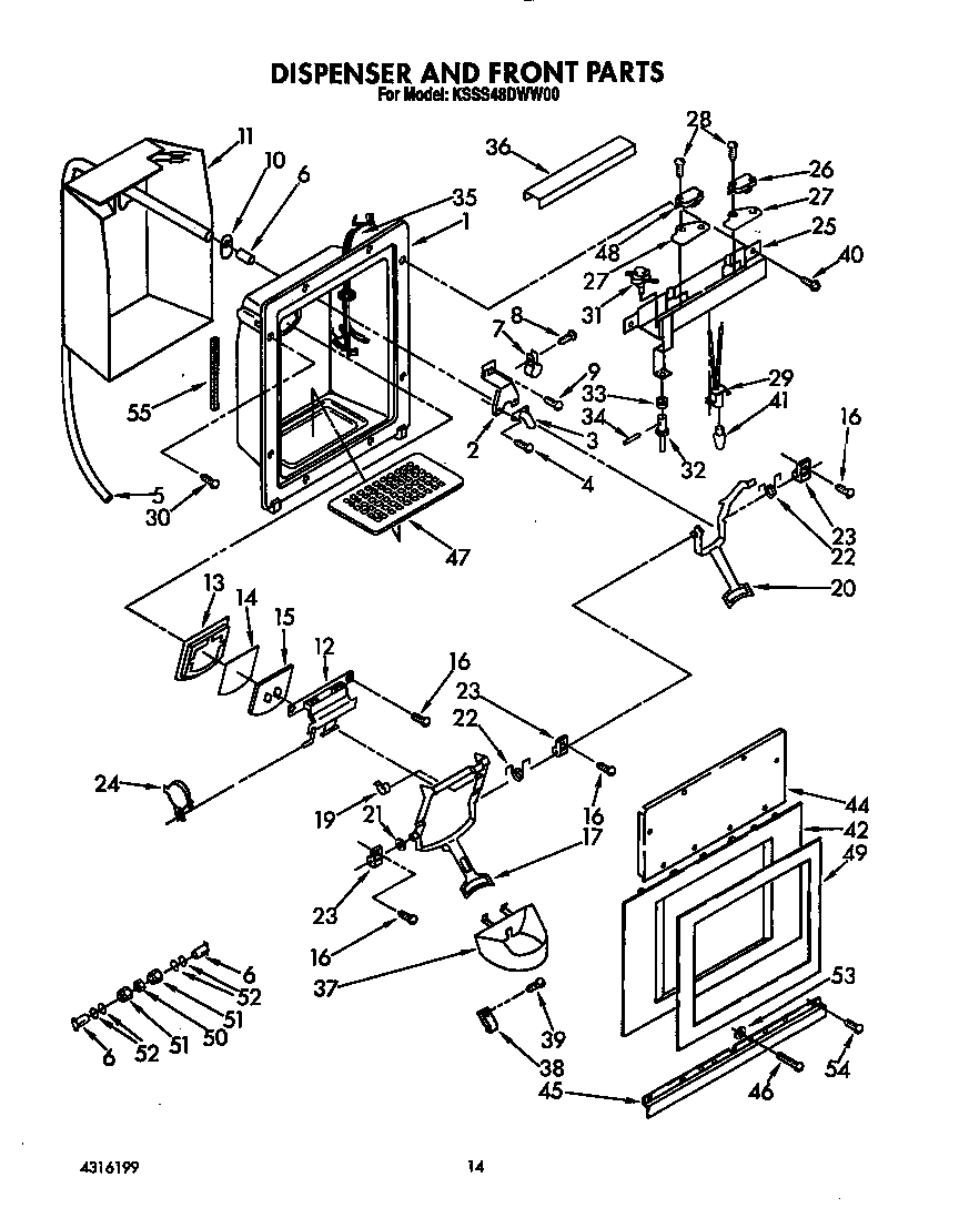 KitchenAid KSSS48DWW00 dispenser and front diagram