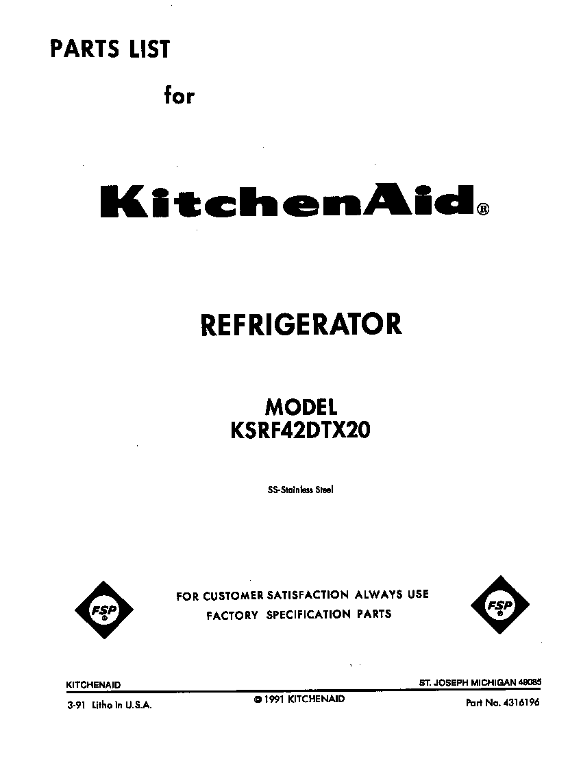 KitchenAid KSRF42DTX20 front cover diagram