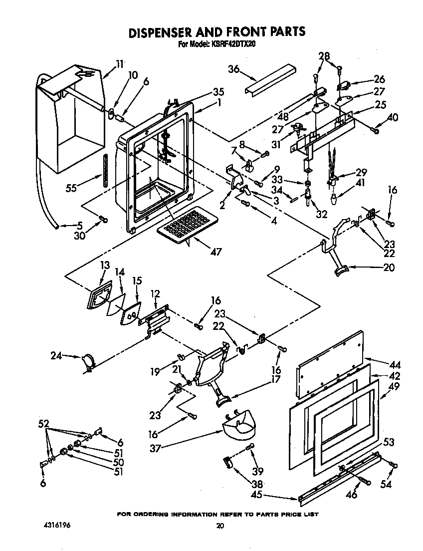 KitchenAid KSRF42DTX20 dispenser and front diagram