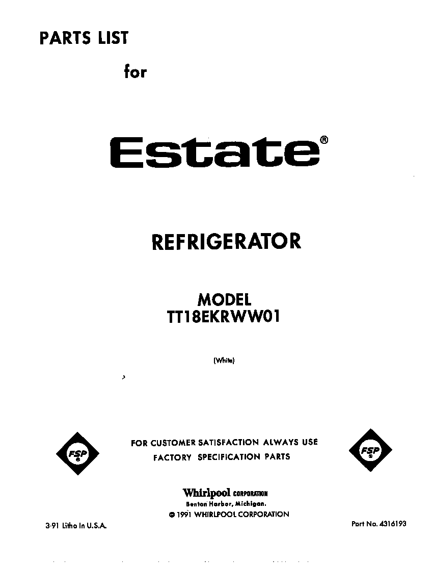 Estate TT18EKRWW01 front cover diagram