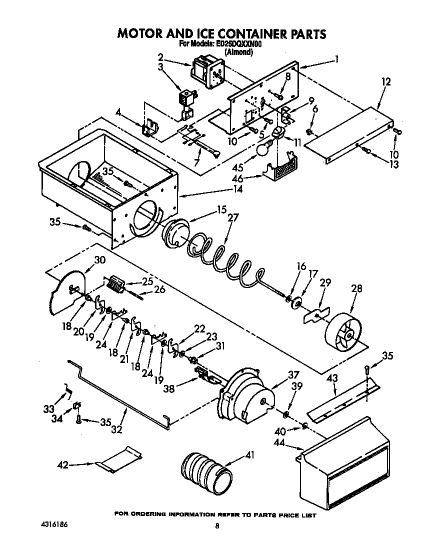 Whirlpool ED25DQXXN00 motor and ice container diagram