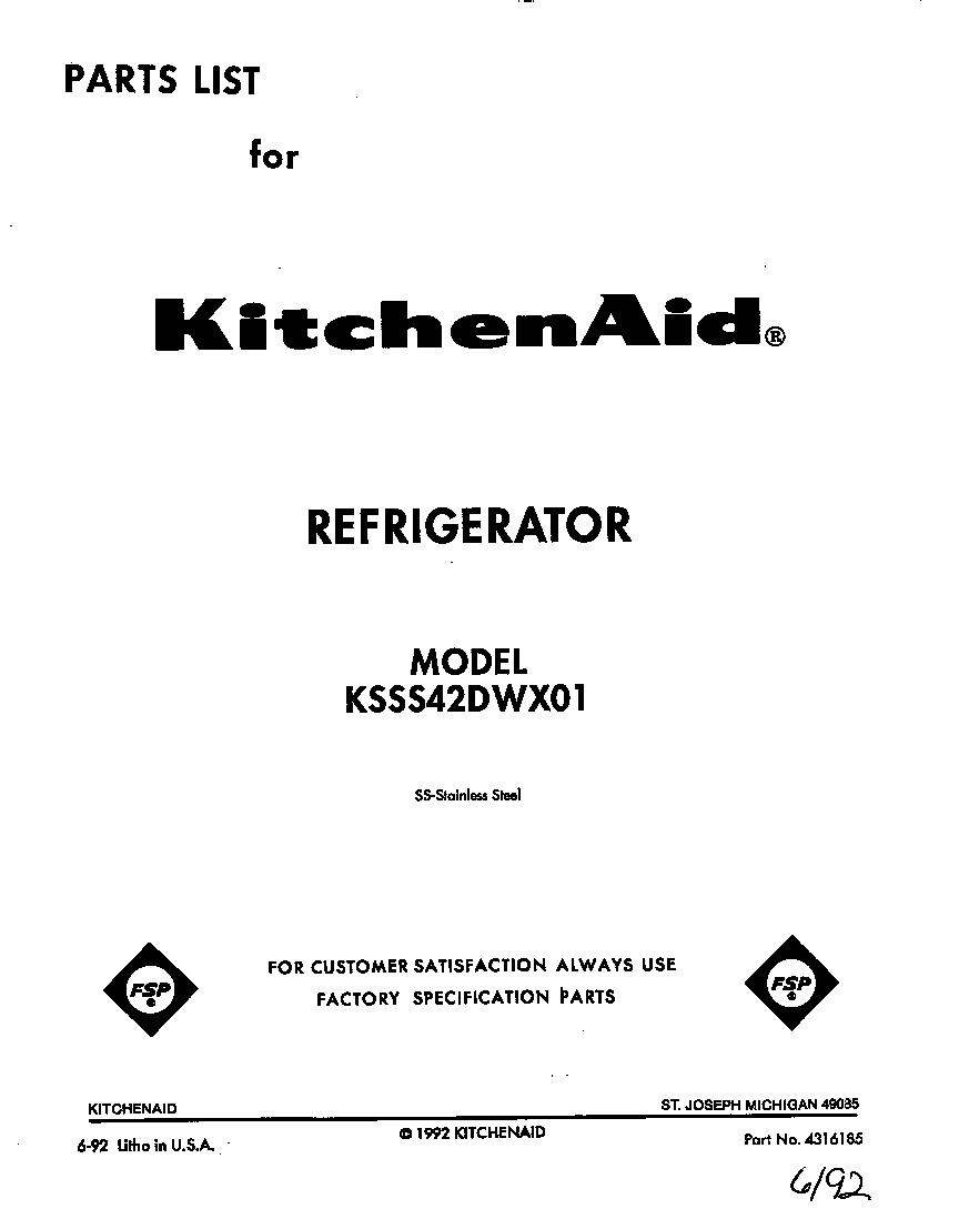 KitchenAid KSSS42DWX01 front cover diagram