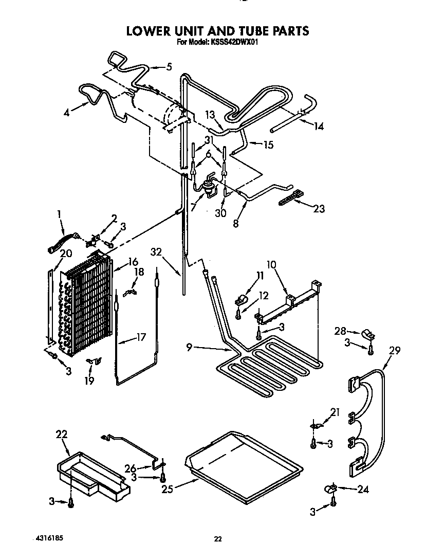 KitchenAid KSSS42DWX01 lower unit and tube diagram