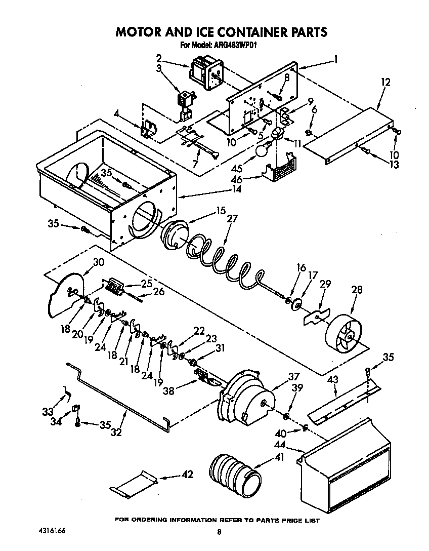 Whirlpool ARG483WP01 motor and ice container diagram
