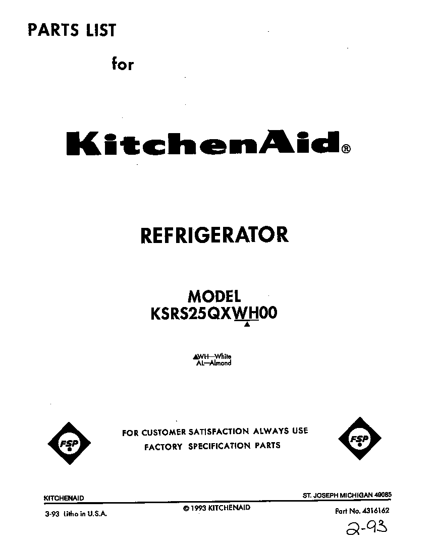 KitchenAid KSRS25QXWH00 front cover diagram