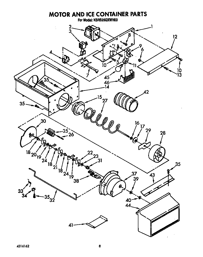 KitchenAid KSRS25QXWH00 motor and ice container diagram