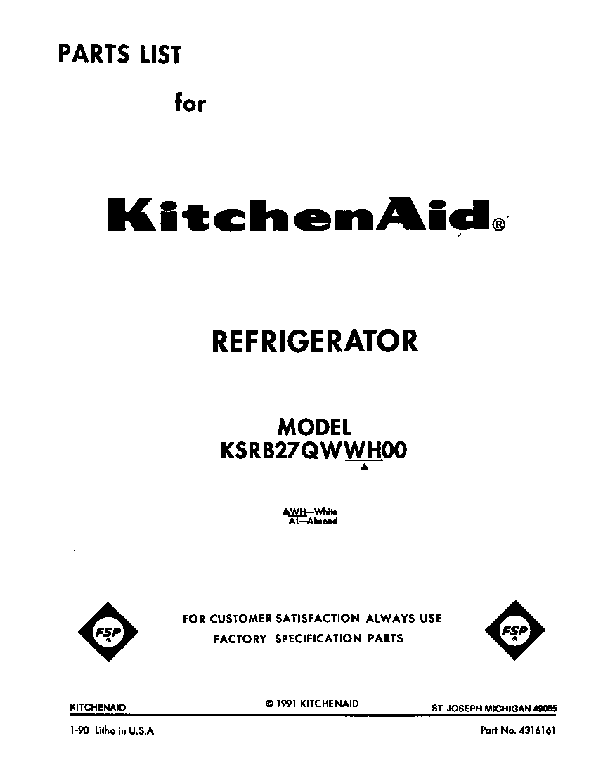 KitchenAid KSRB27QWWH00 front cover diagram