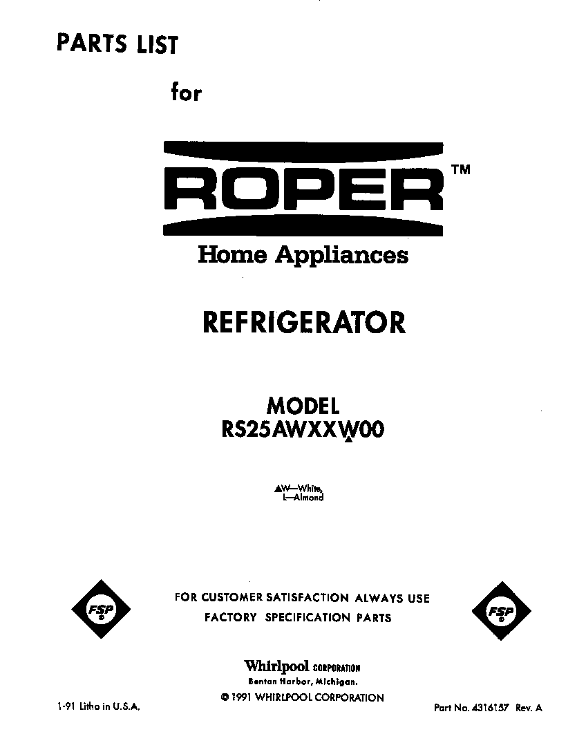 Roper RS25AWXXW00 front cover diagram