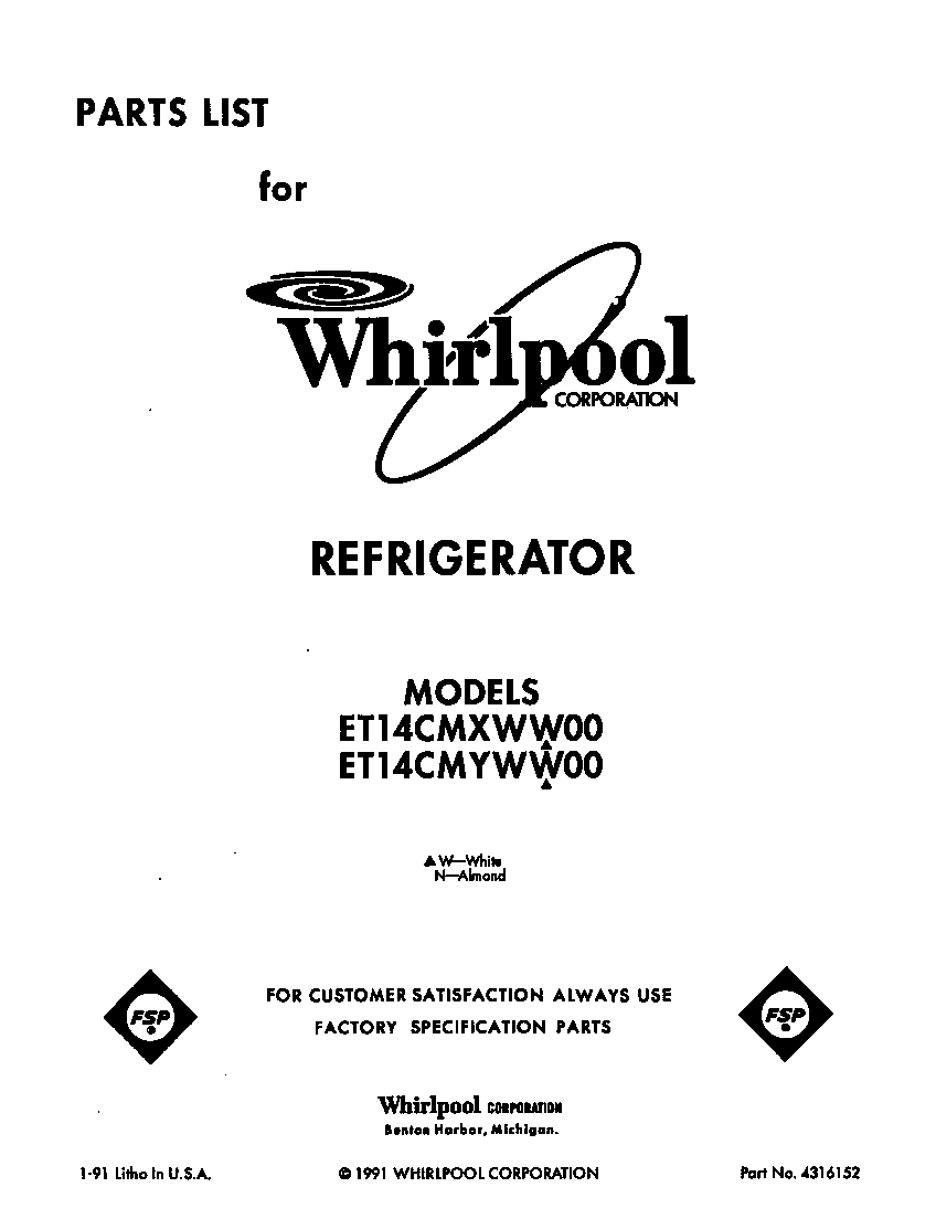 Whirlpool ET14CMYWW00 front cover diagram