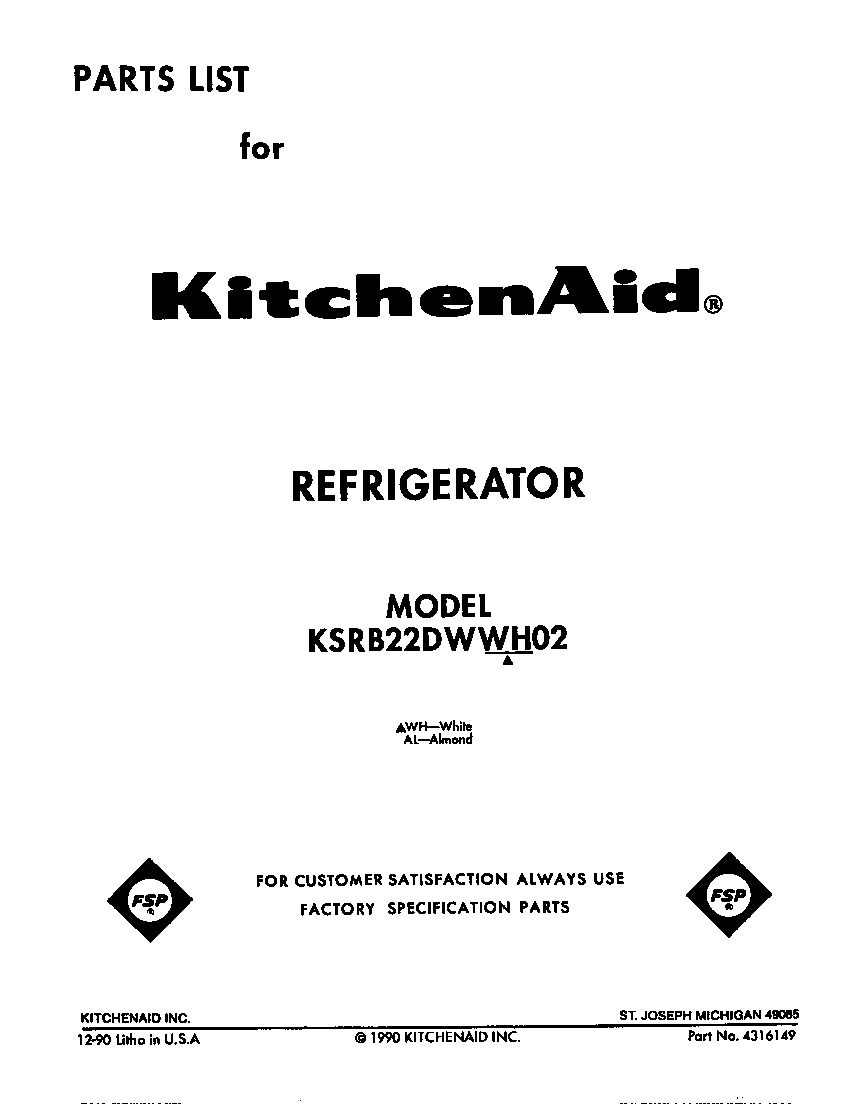 KitchenAid KSRB22DWWH02 front cover diagram