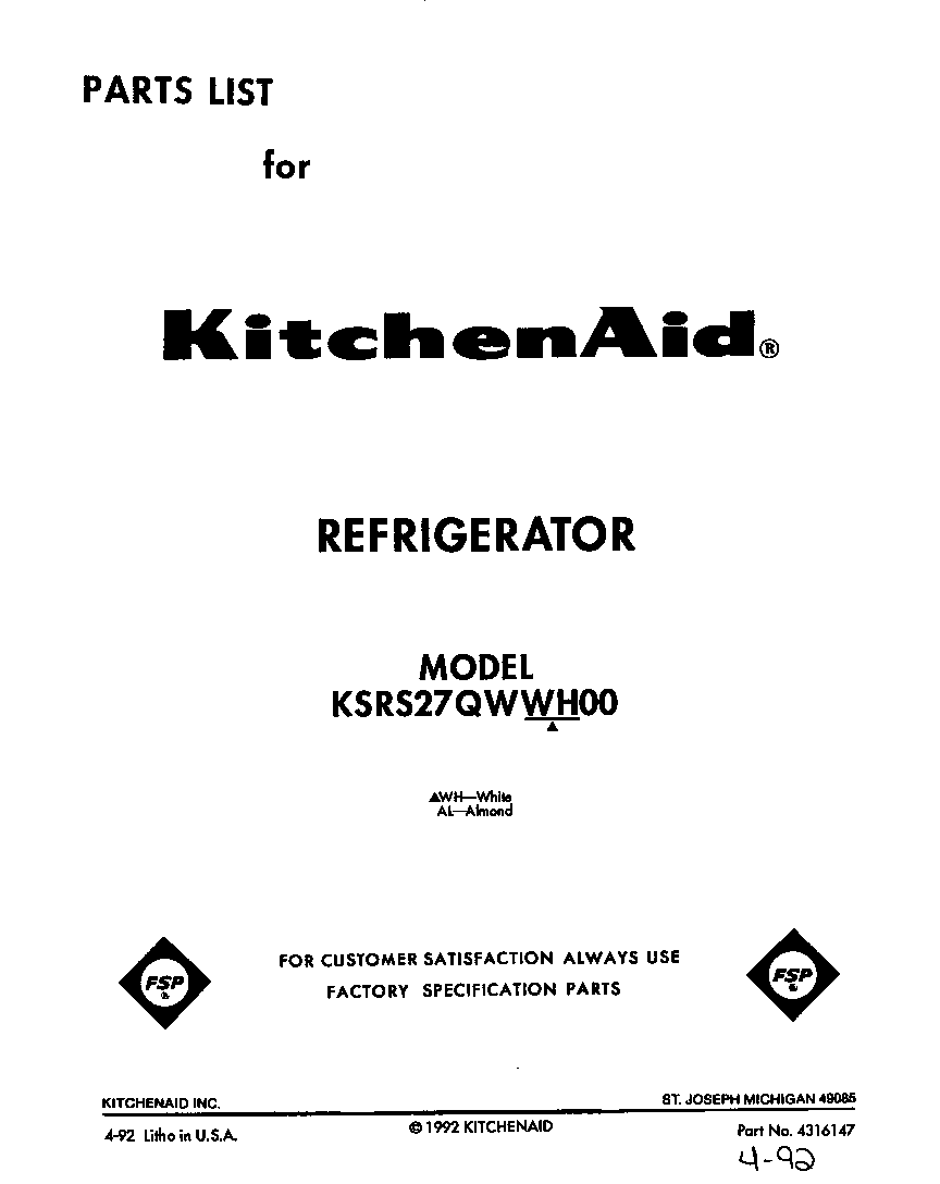 KitchenAid KSRS27QWWH00 front cover diagram