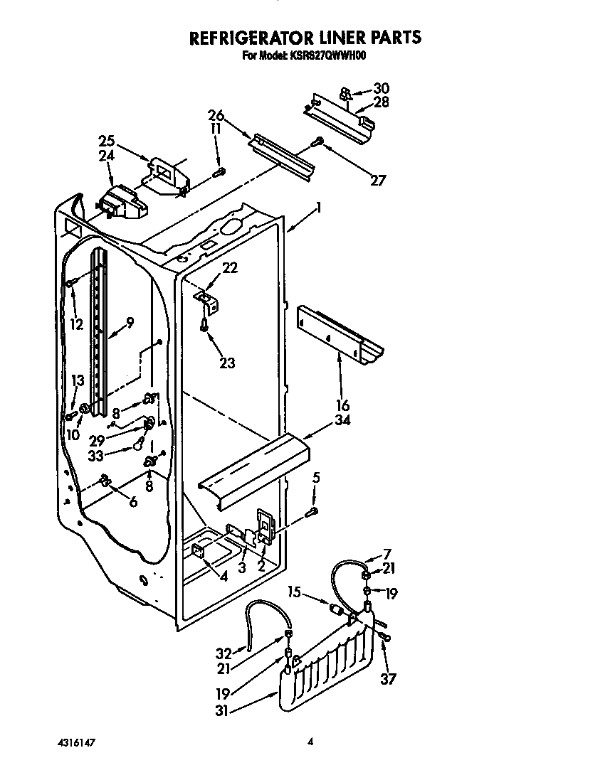 KitchenAid KSRS27QWWH00 refrigerator liner diagram
