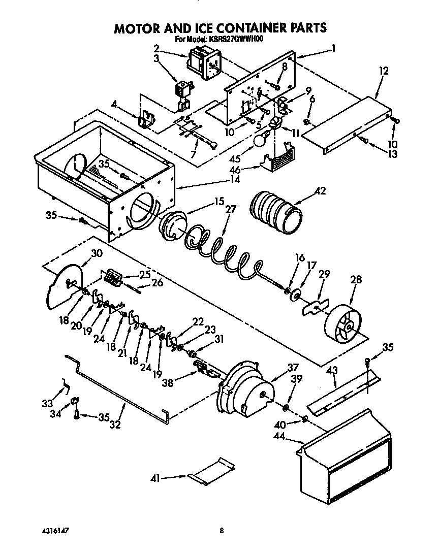 KitchenAid KSRS27QWWH00 motor and ice container diagram