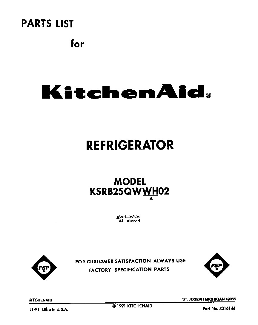 KitchenAid KSRB25QWWH02 front cover diagram