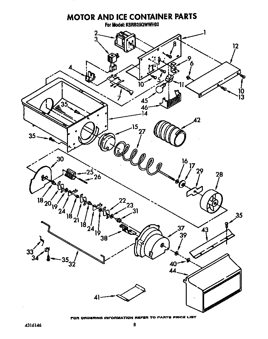 KitchenAid KSRB25QWWH02 motor and ice container diagram