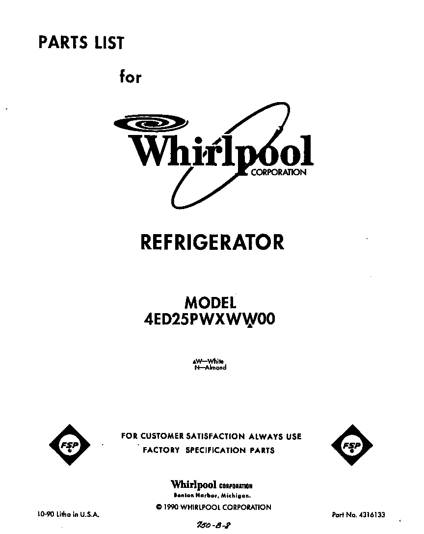 Whirlpool 4ED25PWXWW00 front cover diagram