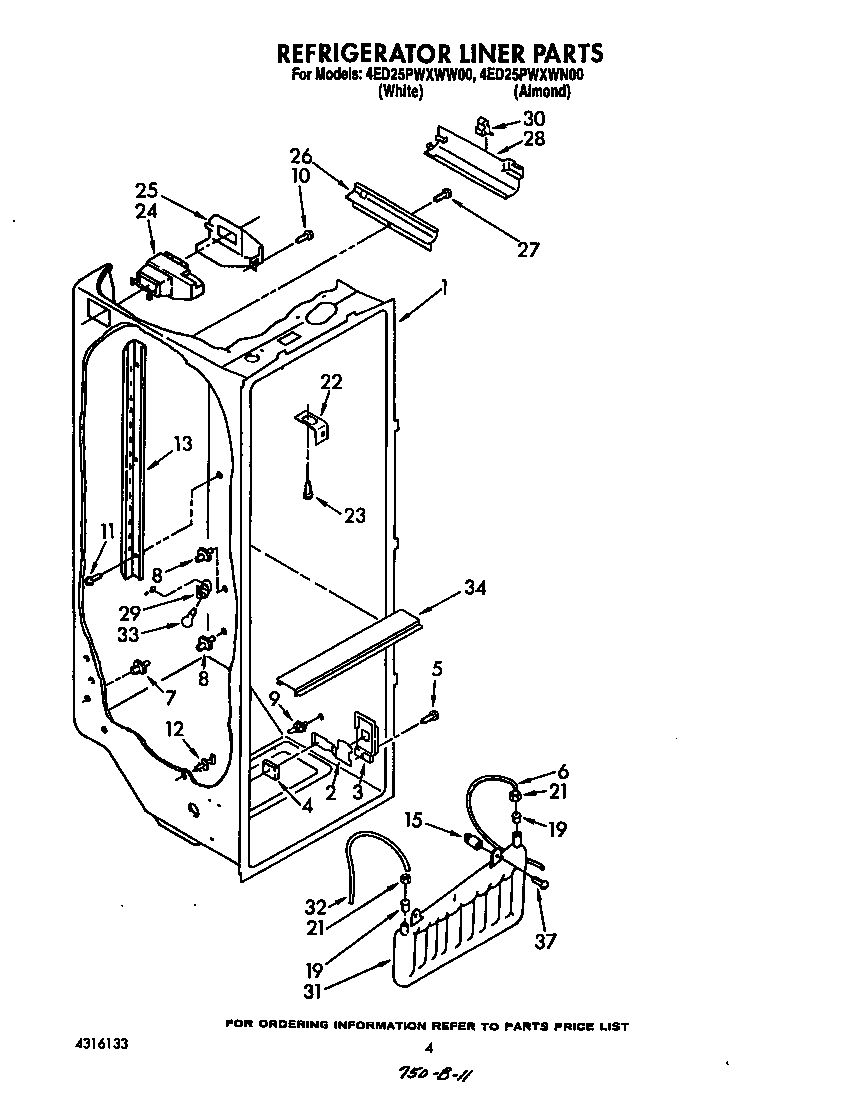 Whirlpool 4ED25PWXWW00 refrigerator liner diagram