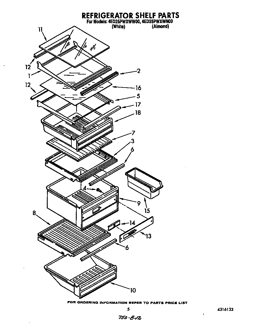 Whirlpool 4ED25PWXWW00 refrigerator shelf diagram