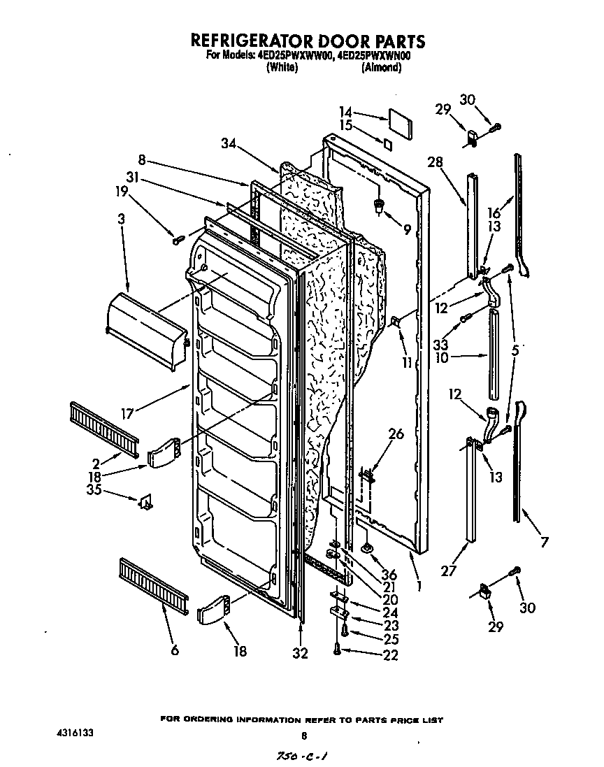 Whirlpool 4ED25PWXWW00 refrigerator door diagram