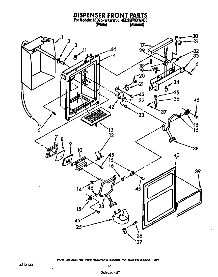 Whirlpool 4ED25PWXWW00 dispenser front diagram