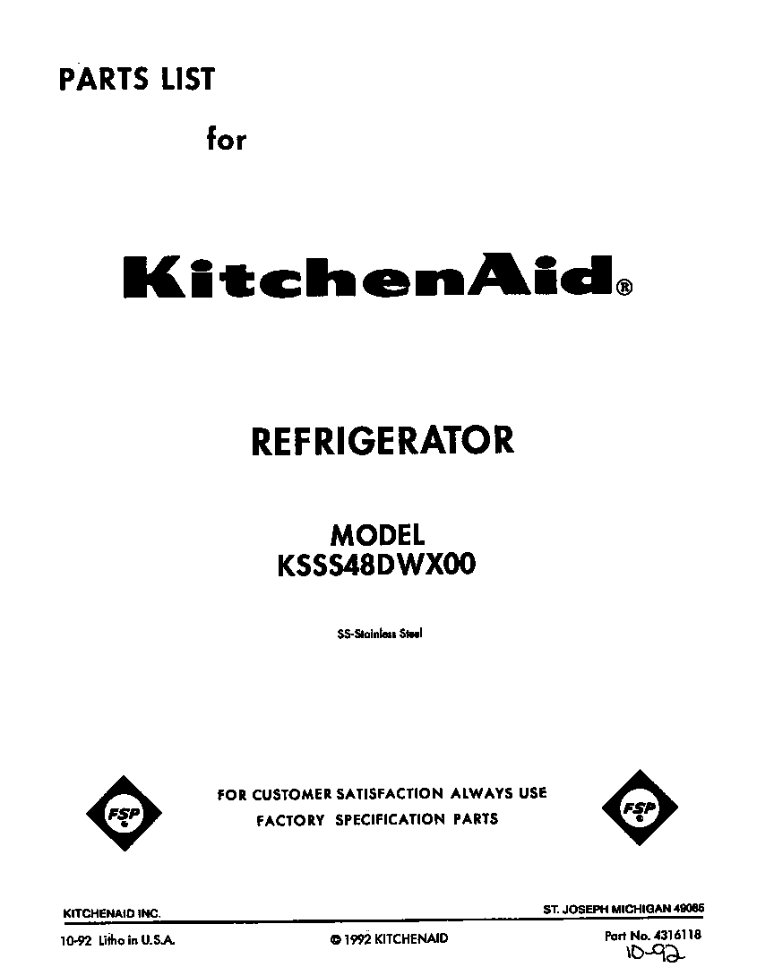 KitchenAid KSSS48DWX00 front cover diagram
