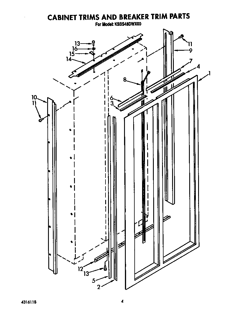 KitchenAid KSSS48DWX00 cabinet trims and breaker trim diagram