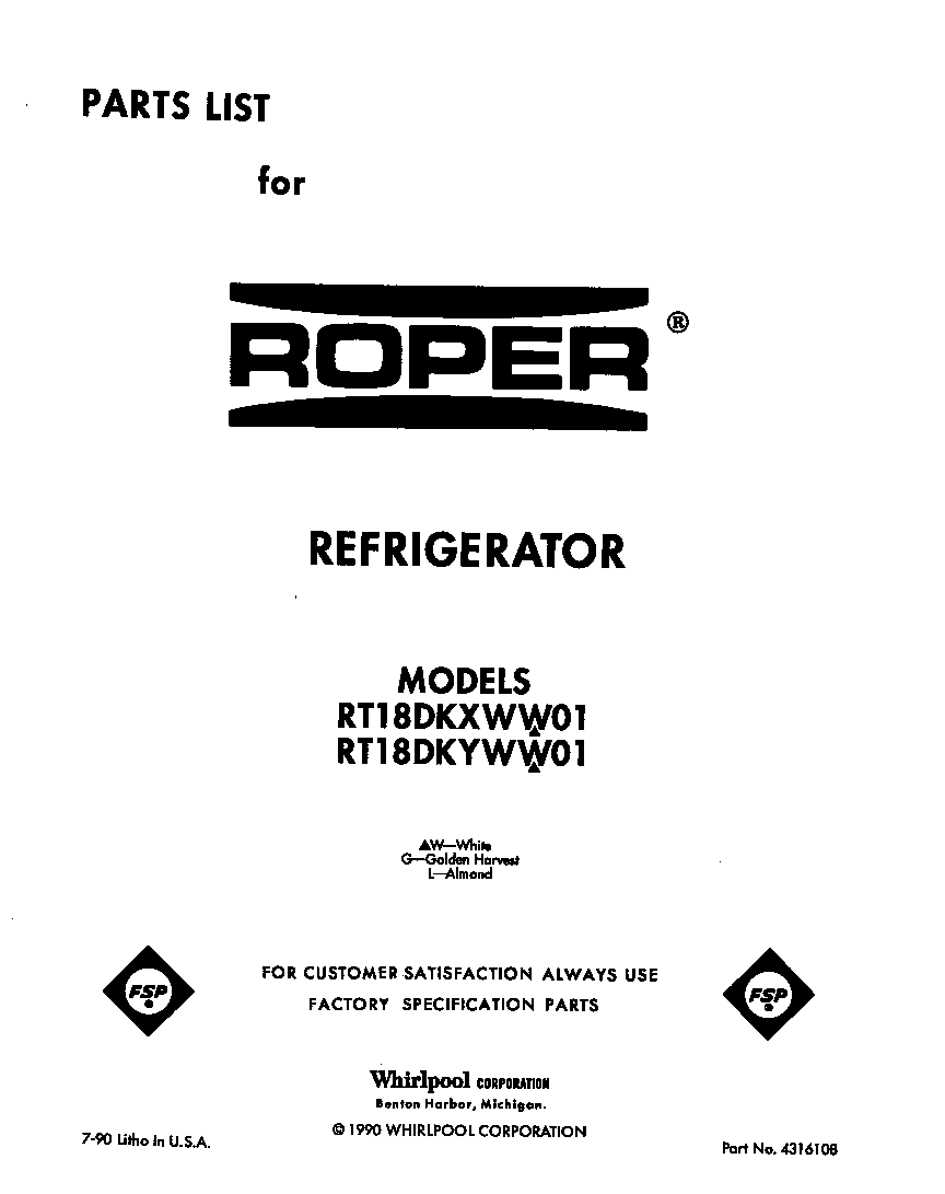 Roper RT18DKYWW01 front cover diagram