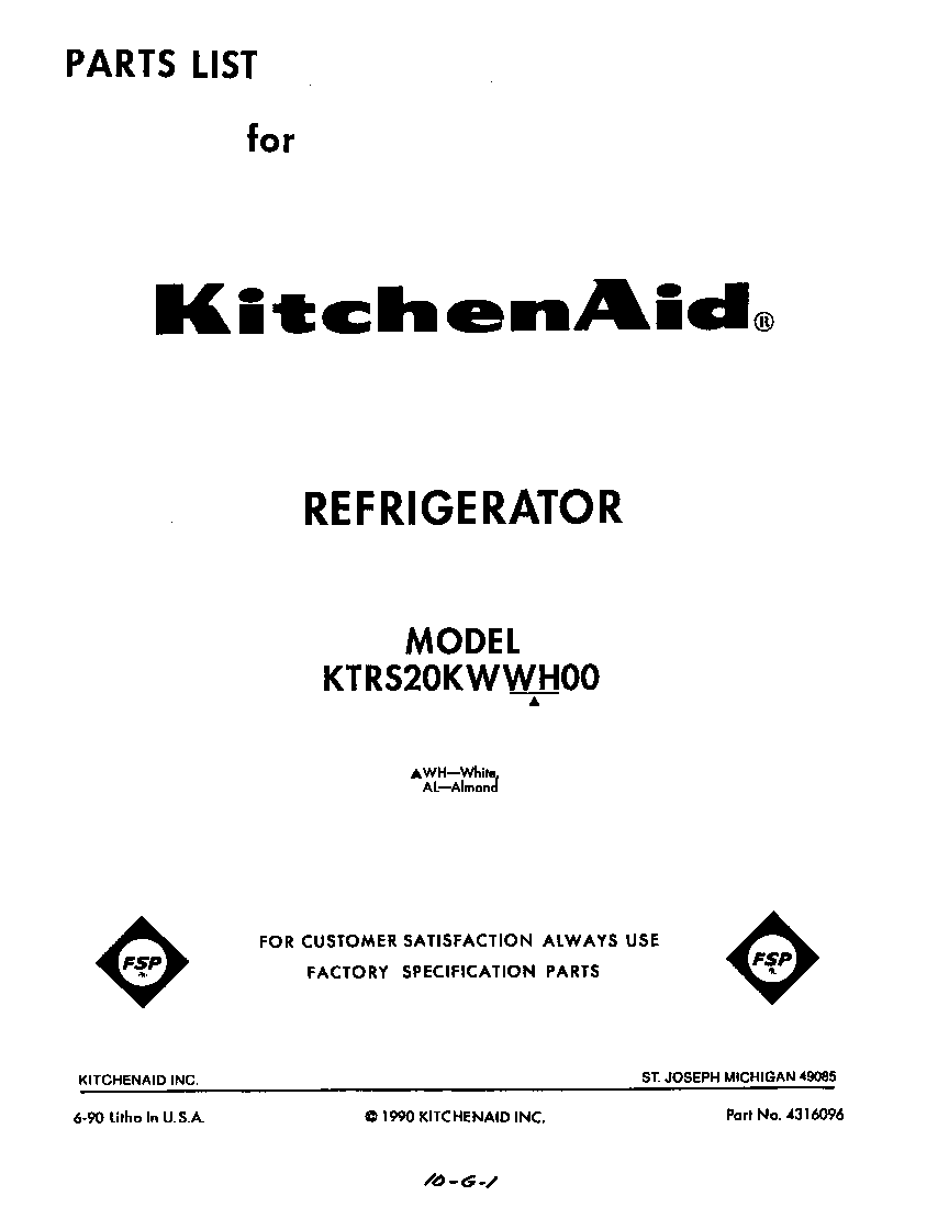KitchenAid KTRS20KWWH00 front cover diagram