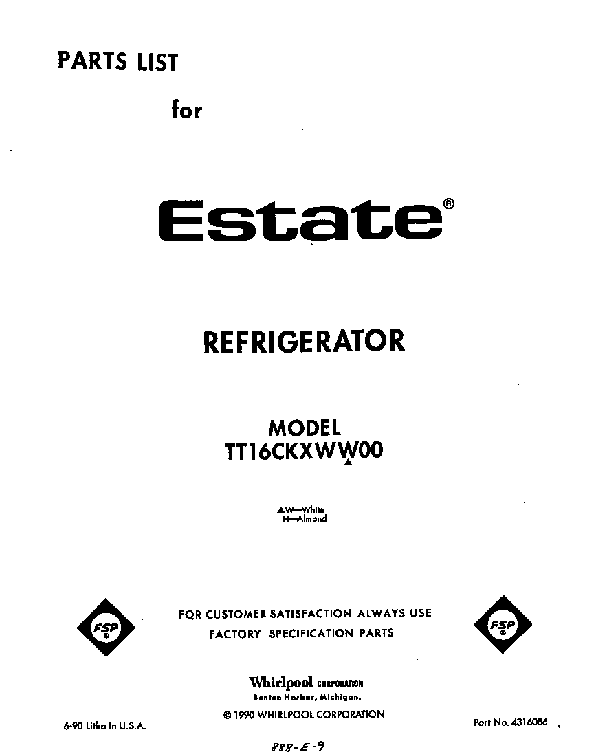 Estate TT16CKXWW00 front cover diagram