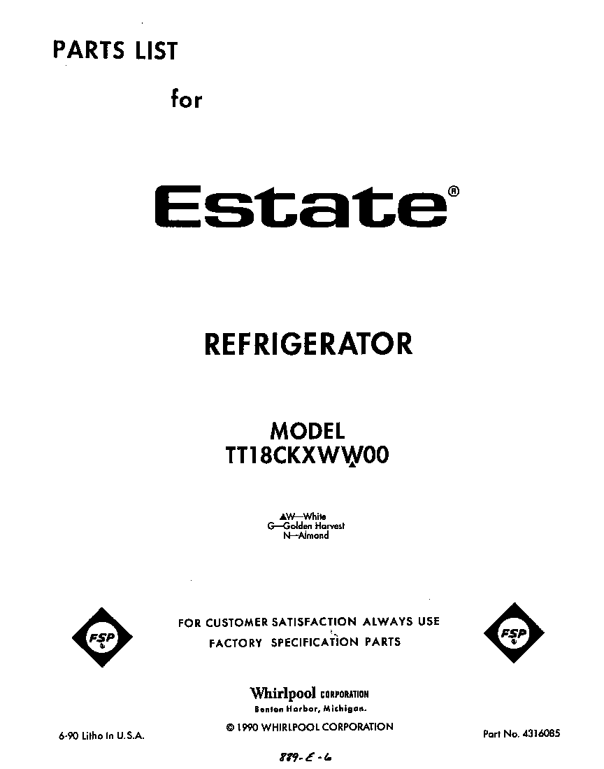 Estate TT18CKXWW00 front cover diagram