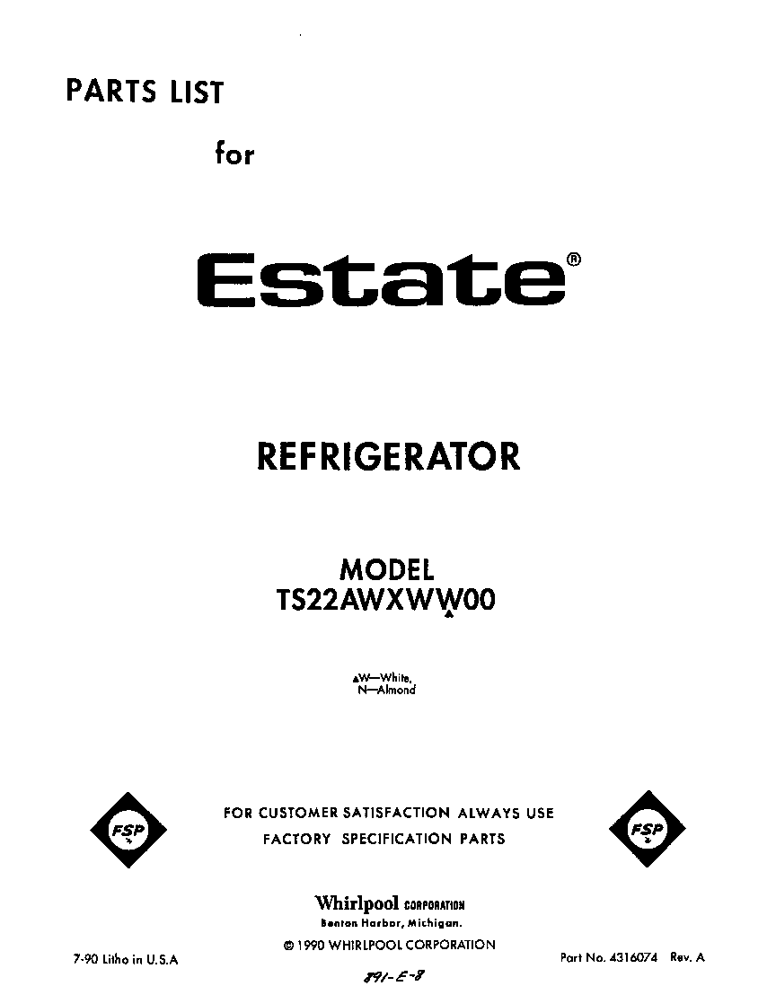 Whirlpool TS22AWXWW00 front cover diagram