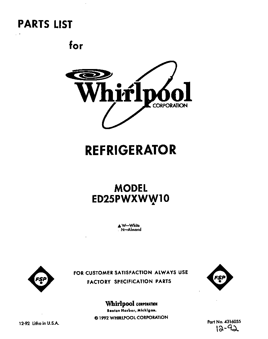 Whirlpool ED25PWXWW10 front cover diagram