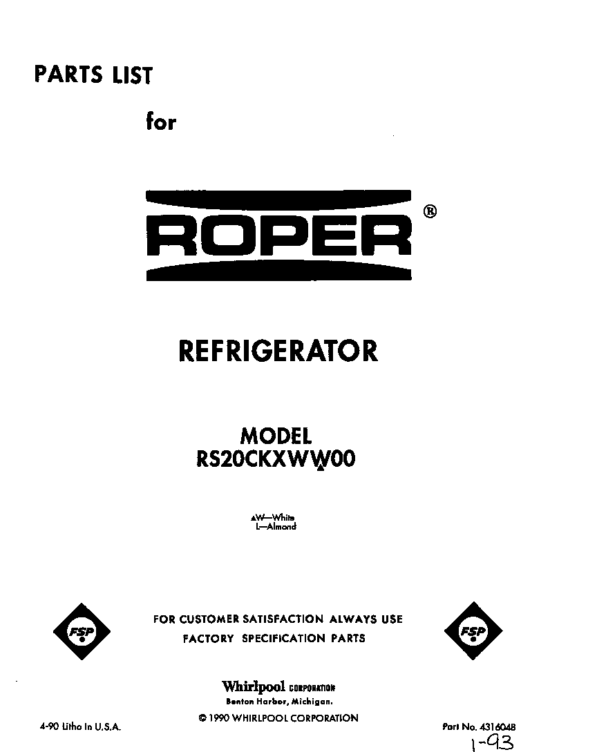 Roper RS20CKXWW00 front cover diagram
