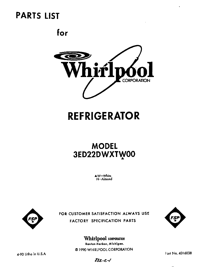Whirlpool 3ED22DWXTW00 front cover diagram
