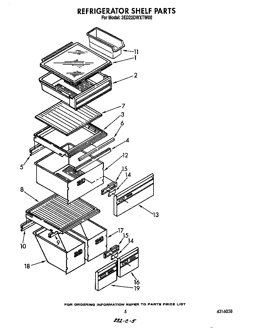 Whirlpool 3ED22DWXTW00 refrigerator shelf diagram