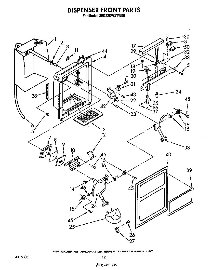Whirlpool 3ED22DWXTW00 dispenser front diagram