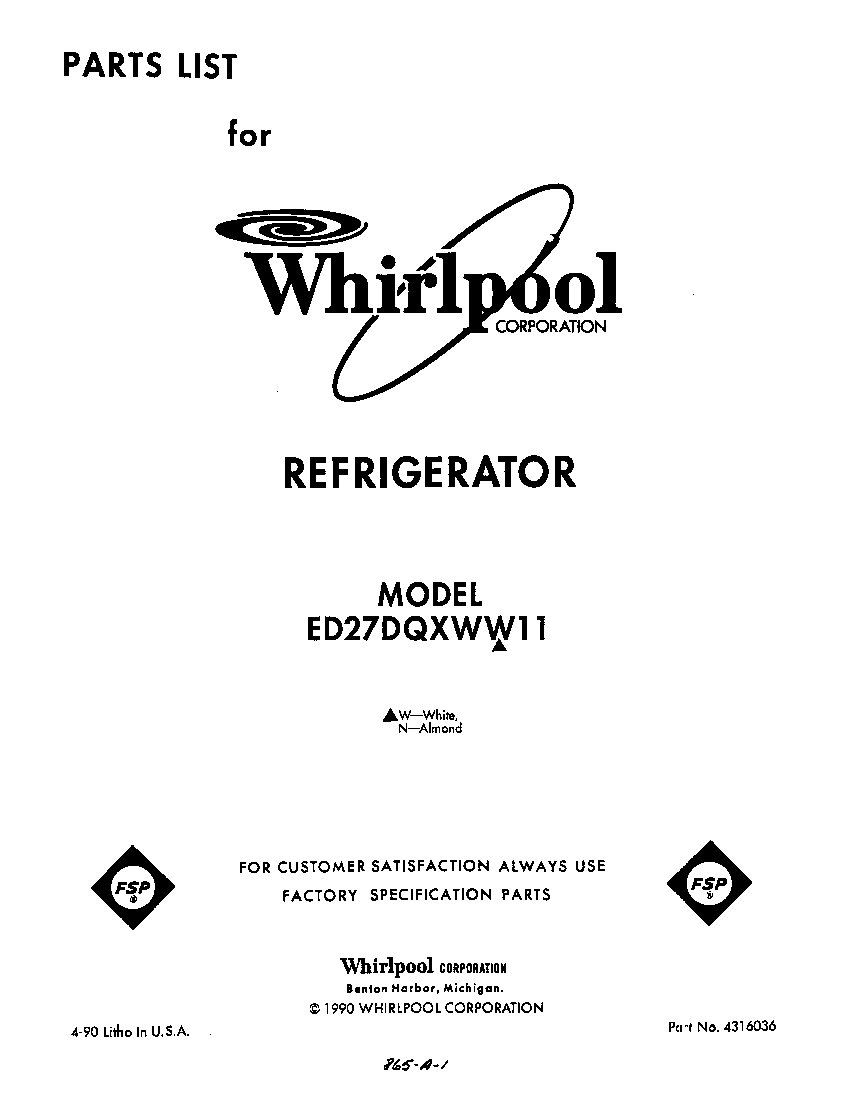 Whirlpool ED27DQZWN11 front cover diagram