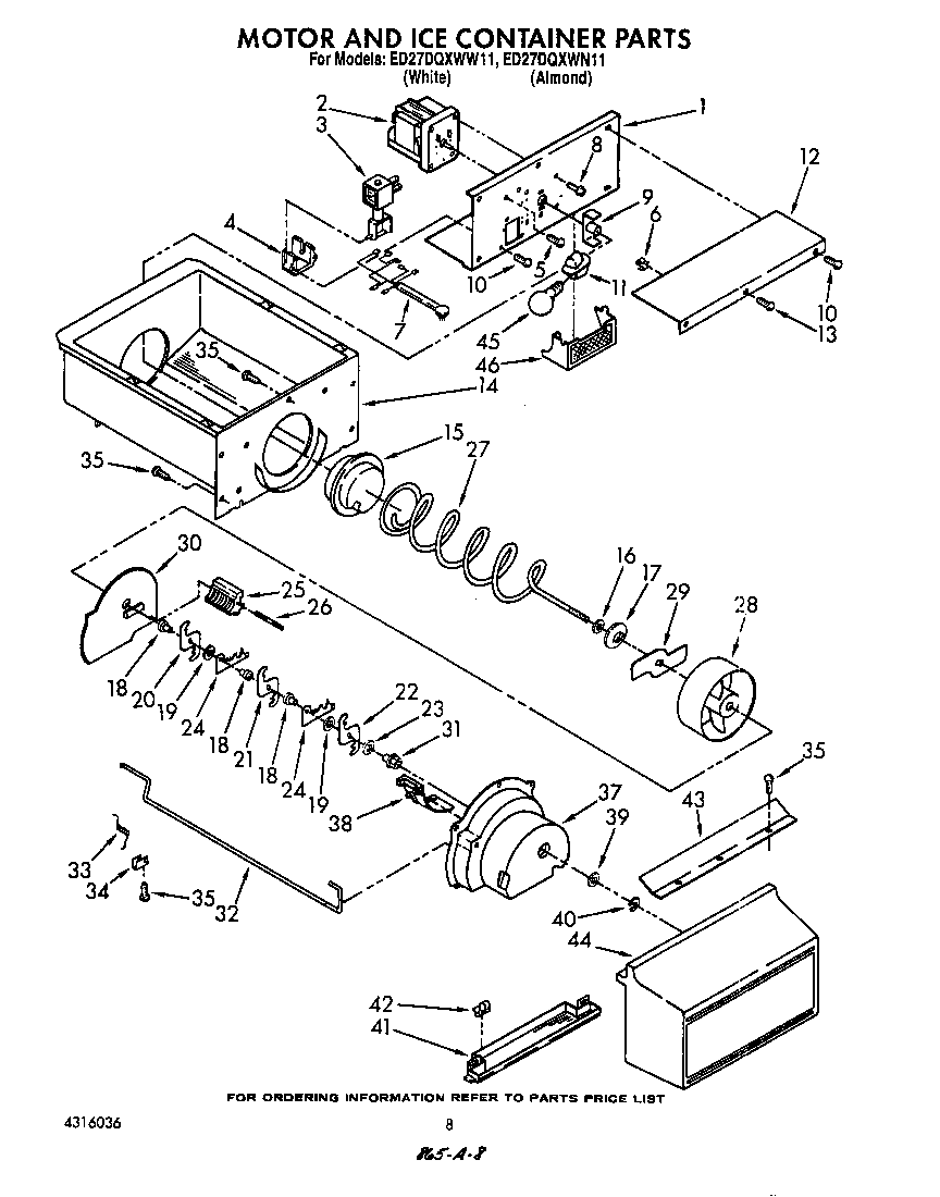Whirlpool ED27DQZWN11 motor and ice container diagram