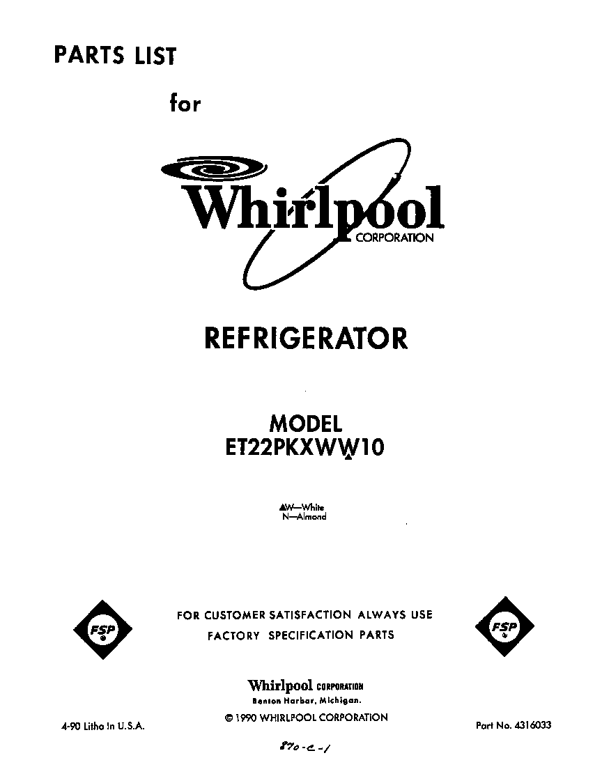 Whirlpool ET22PKXWW10 front cover diagram