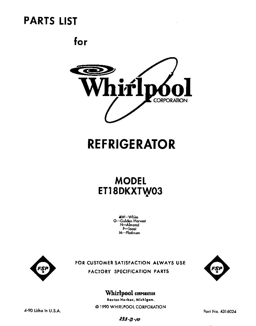 Whirlpool ET18DKXTW03 front cover diagram